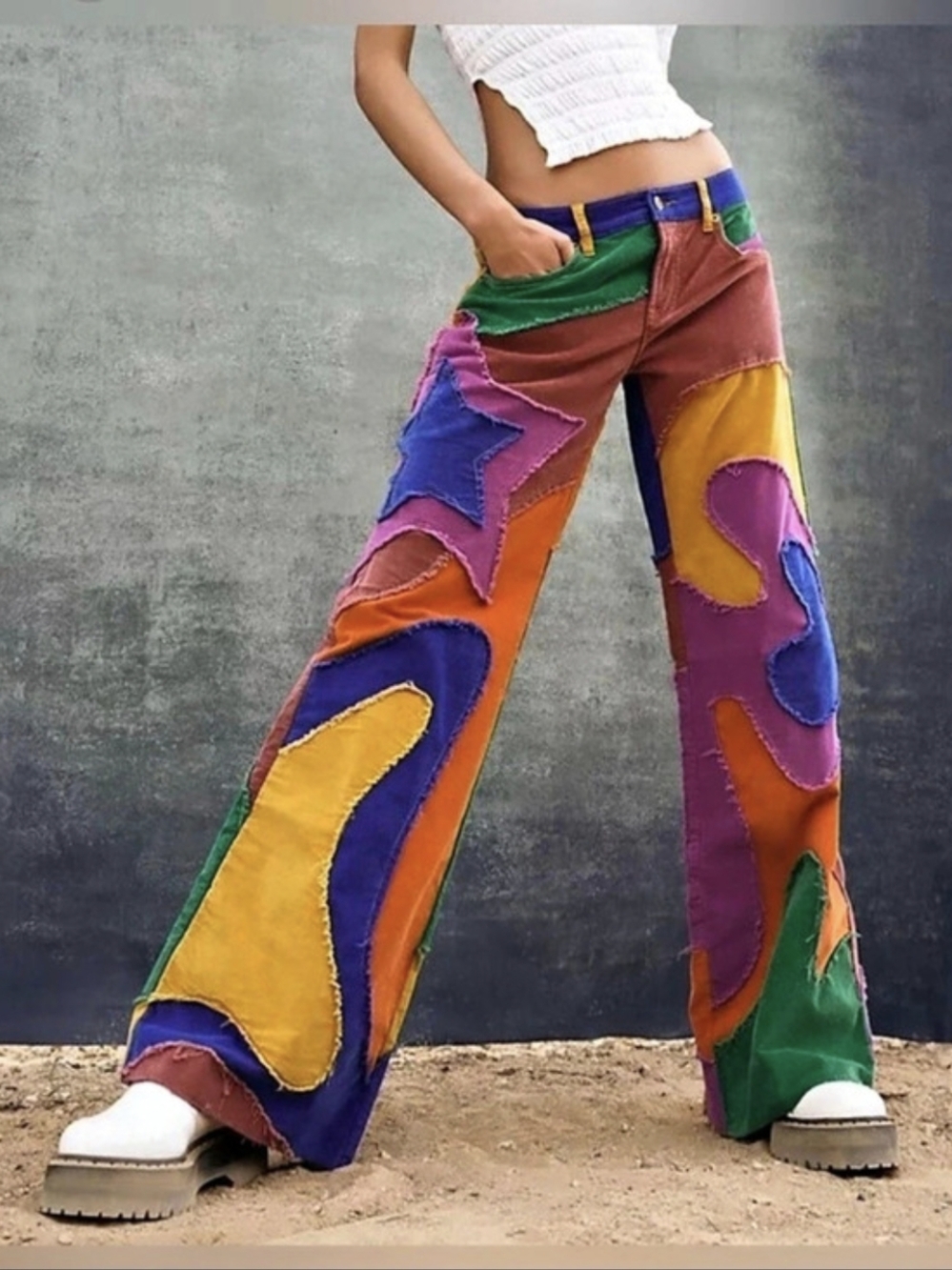 We The Free Supernova Cord Groovy Patched Colorful Wide Leg Whimsical Jeans 26
